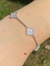 Solid 925 Sterling Silver Four Leaf Clover 6 Motif Bracelet Iced Diamond Ladies