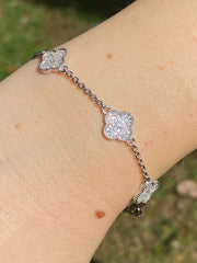 Solid 925 Sterling Silver Four Leaf Clover 6 Motif Bracelet Iced Diamond Ladies