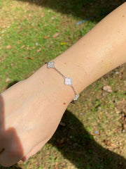 Solid 925 Sterling Silver Four Leaf Clover 6 Motif Bracelet Iced Diamond Ladies