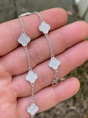 Solid 925 Sterling Silver Four Leaf Clover 6 Motif Bracelet Iced Diamond Ladies
