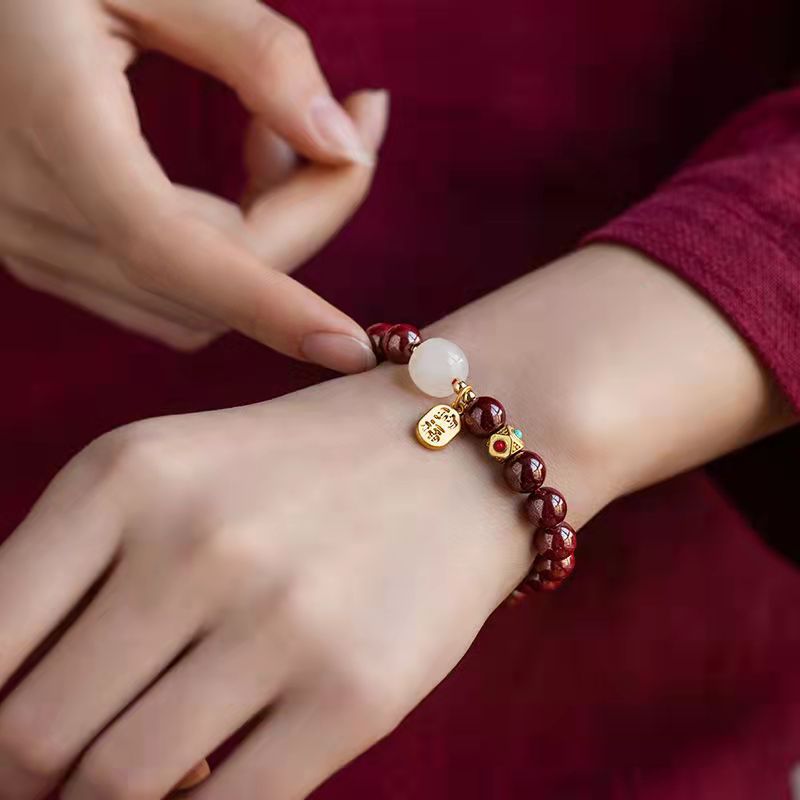 8mm Red Cinnabar & White Hetian Jade Bracelet for Women – Adjustable Prosperity & Blessing Jewelry Gift