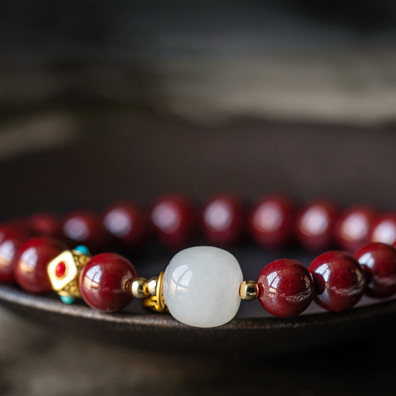 8mm Red Cinnabar & White Hetian Jade Bracelet for Women – Adjustable Prosperity & Blessing Jewelry Gift