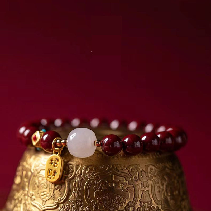 8mm Red Cinnabar & White Hetian Jade Bracelet for Women – Adjustable Prosperity & Blessing Jewelry Gift
