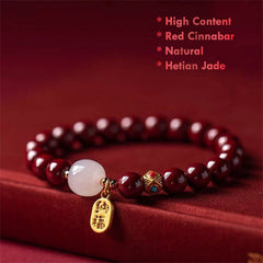 8mm Red Cinnabar & White Hetian Jade Bracelet for Women – Adjustable Prosperity & Blessing Jewelry Gift