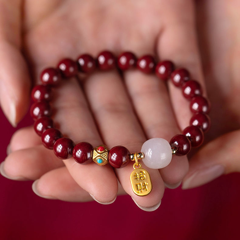 8mm Red Cinnabar & White Hetian Jade Bracelet for Women – Adjustable Prosperity & Blessing Jewelry Gift