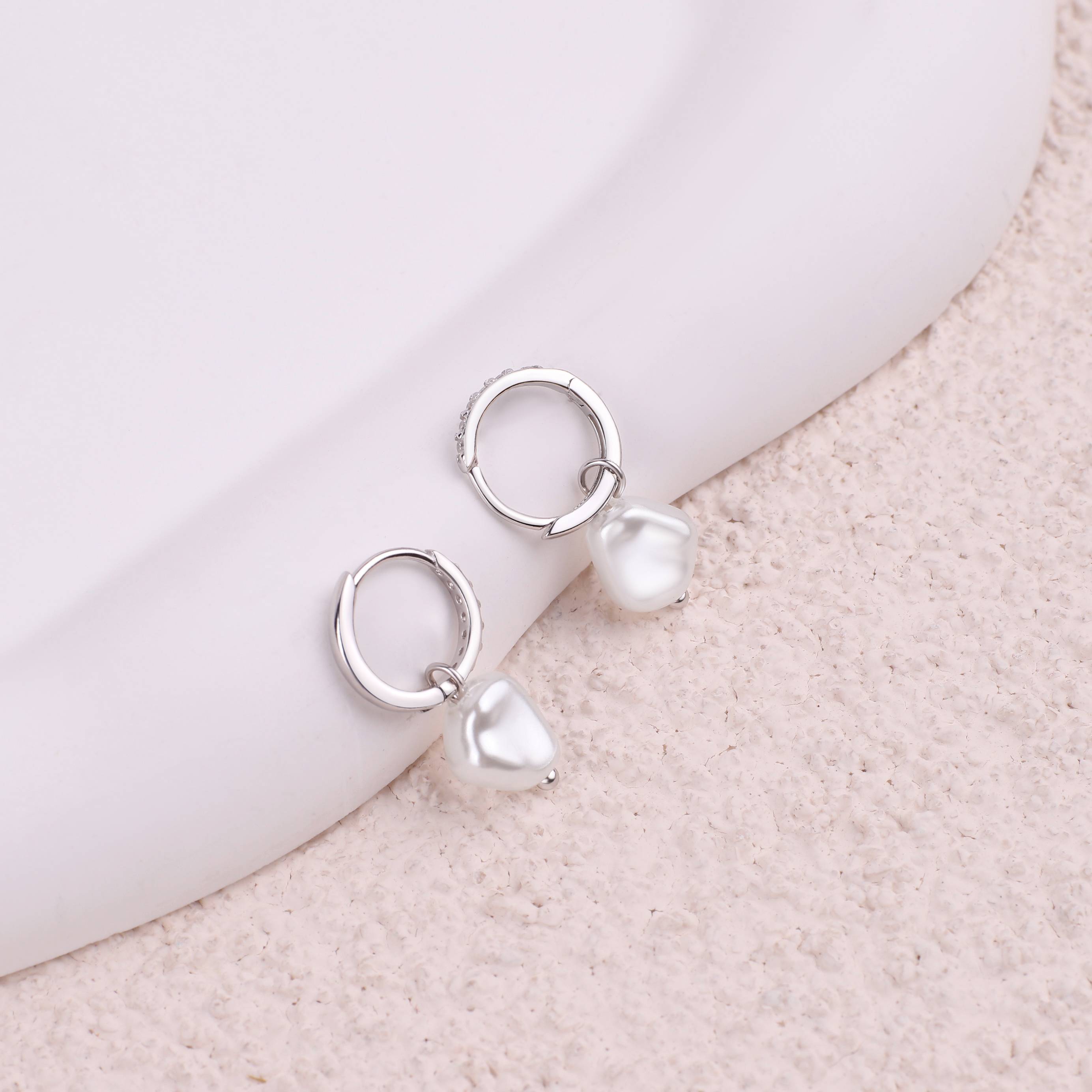 Freshwater Pearl Drop Pave Huggie Earrings