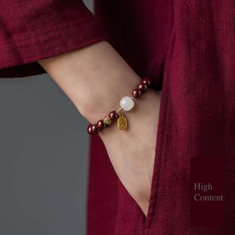 8mm Red Cinnabar & White Hetian Jade Bracelet for Women – Adjustable Prosperity & Blessing Jewelry Gift
