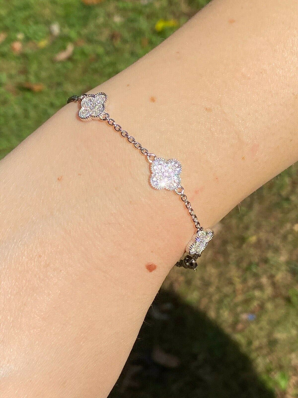 Solid 925 Sterling Silver Four Leaf Clover 6 Motif Bracelet Iced Diamond Ladies
