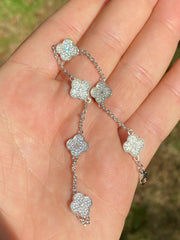 Solid 925 Sterling Silver Four Leaf Clover 6 Motif Bracelet Iced Diamond Ladies