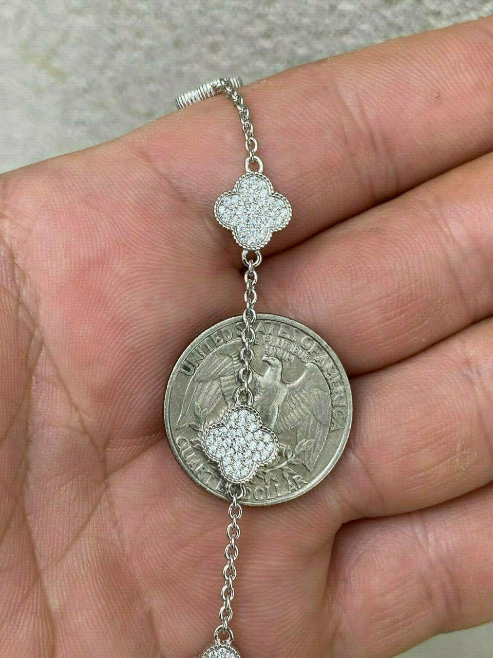 Solid 925 Sterling Silver Four Leaf Clover 6 Motif Bracelet Iced Diamond Ladies