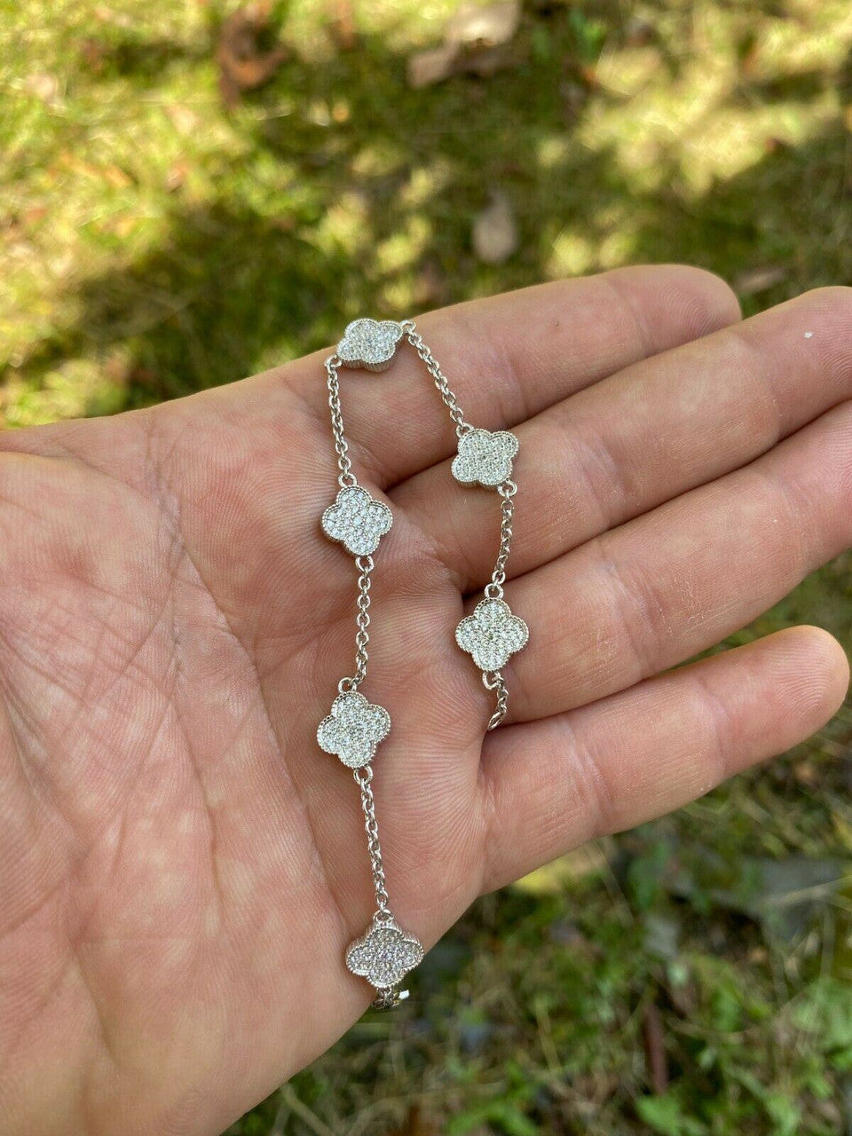 Solid 925 Sterling Silver Four Leaf Clover 6 Motif Bracelet Iced Diamond Ladies