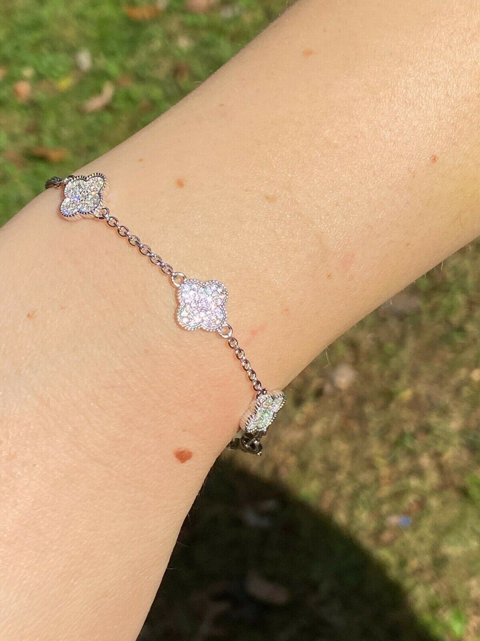 Solid 925 Sterling Silver Four Leaf Clover 6 Motif Bracelet Iced Diamond Ladies