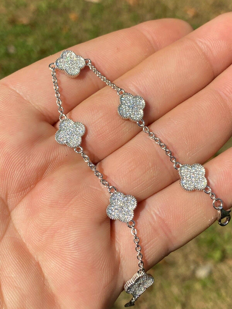Solid 925 Sterling Silver Four Leaf Clover 6 Motif Bracelet Iced Diamond Ladies