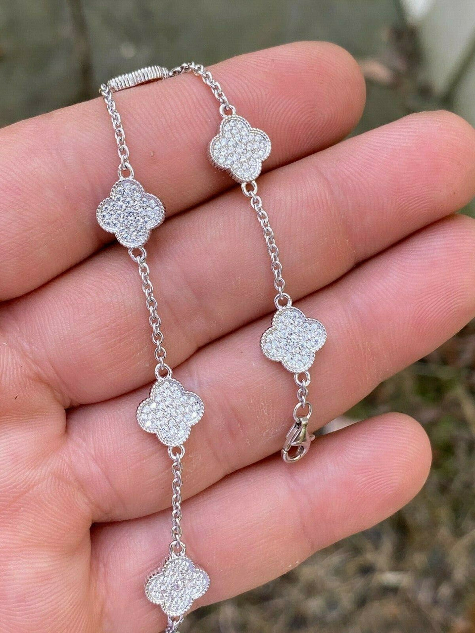 Solid 925 Sterling Silver Four Leaf Clover 6 Motif Bracelet Iced Diamond Ladies