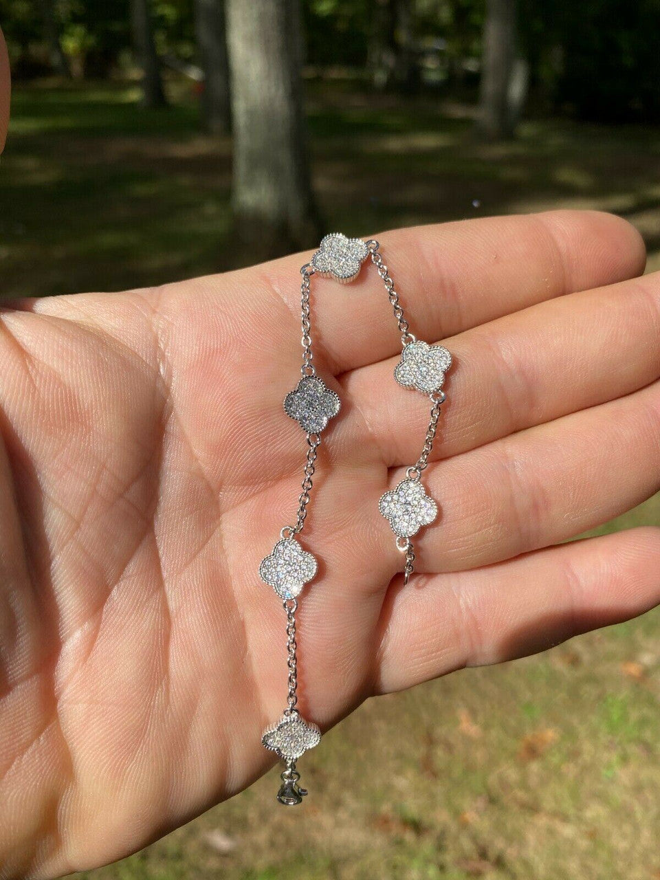 Solid 925 Sterling Silver Four Leaf Clover 6 Motif Bracelet Iced Diamond Ladies